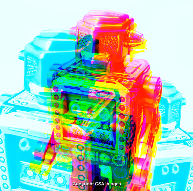 Colorful Retro Robot Toy With Vibrant Light Overlay Effects