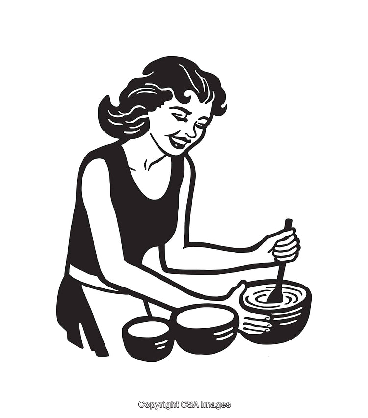 Black and White Illustration of Smiling Woman Mixing Ingredients in Bowls