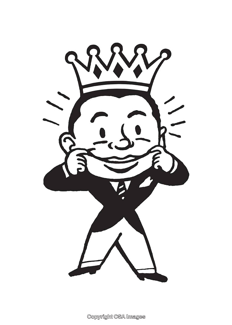 Whimsical Line Art of Crowned Character in Suit Making a Playful Gesture