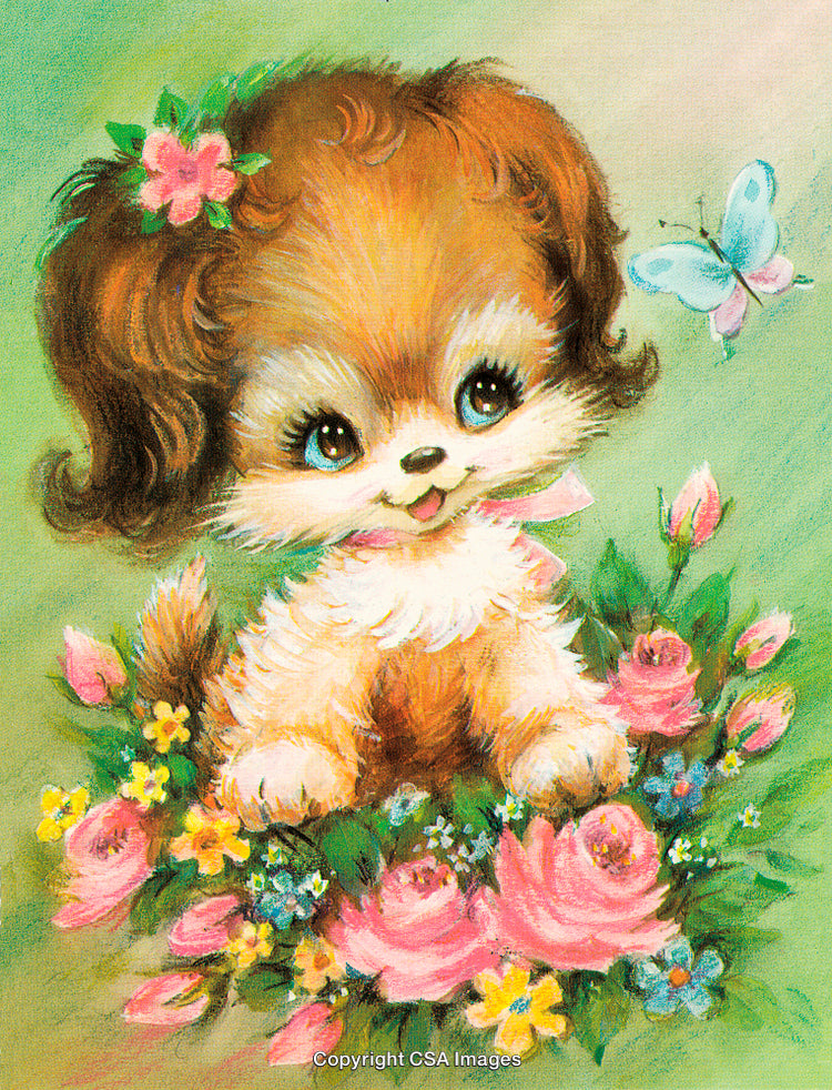 Illustration of Adorable Puppy Among Colorful Flowers with a Butterfly