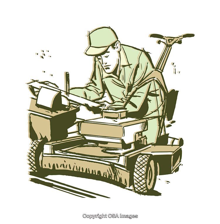 Worker Operating a Lawn Mower in a Detailed Illustration Style