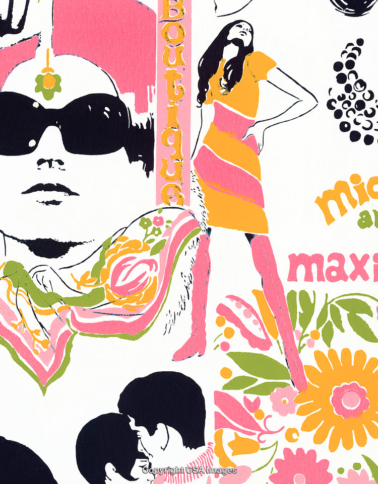 Colorful Retro Illustration Featuring Fashion, Flowers, and Graphic Motifs