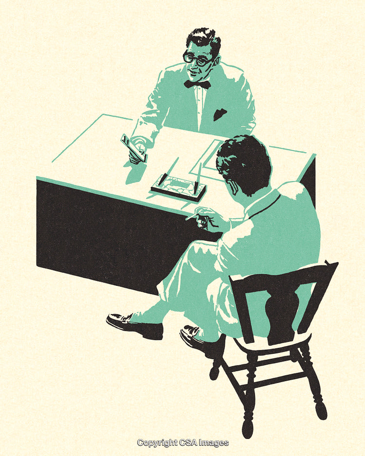 Vintage Illustration of Two Men Having a Discussion at a Desk