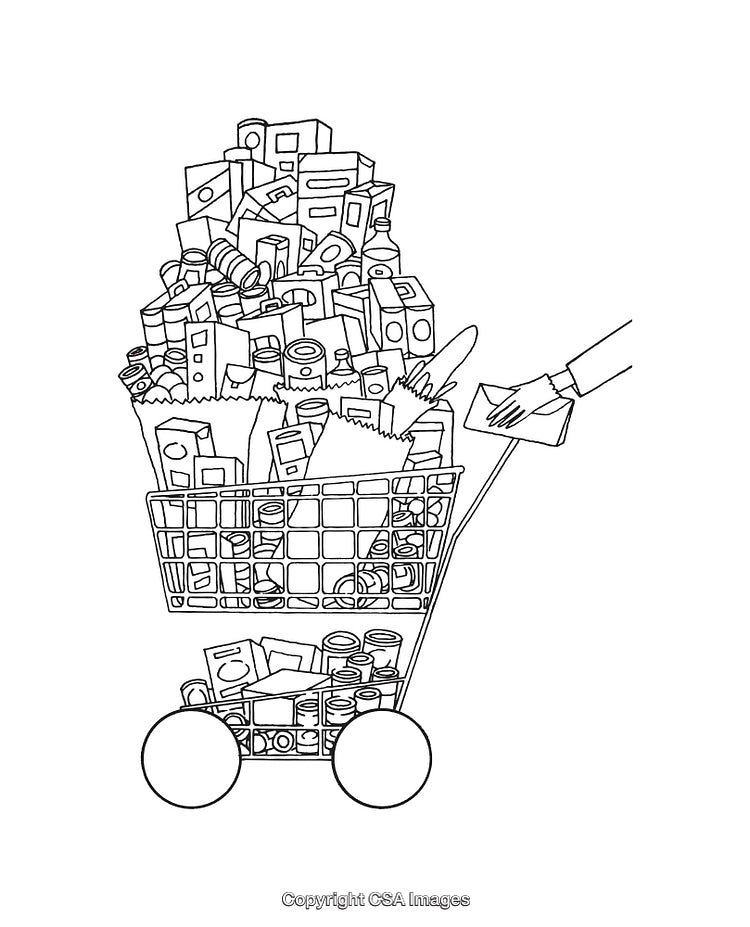Black and White Line Art of Overfilled Shopping Cart Illustration