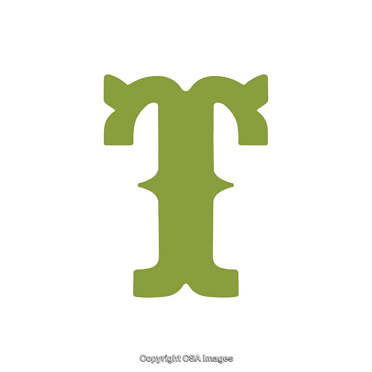 Bold Green Letter T with Decorative Design on White Background