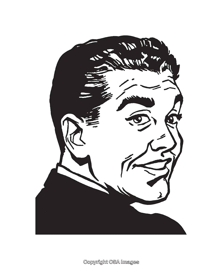 Retro Black and White Vintage Line Art Sketch of a Smiling Face
