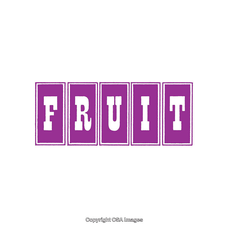 Purple Stamped Letters Forming the Word Fruit on White Background
