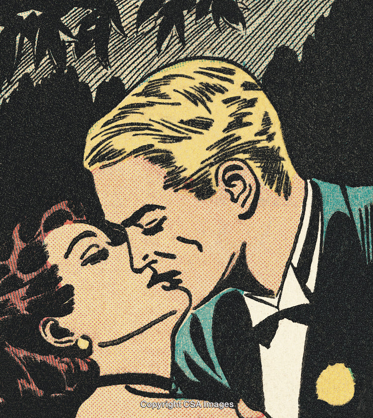 Romantic Comic Style Illustration of a Couple Sharing a Kiss