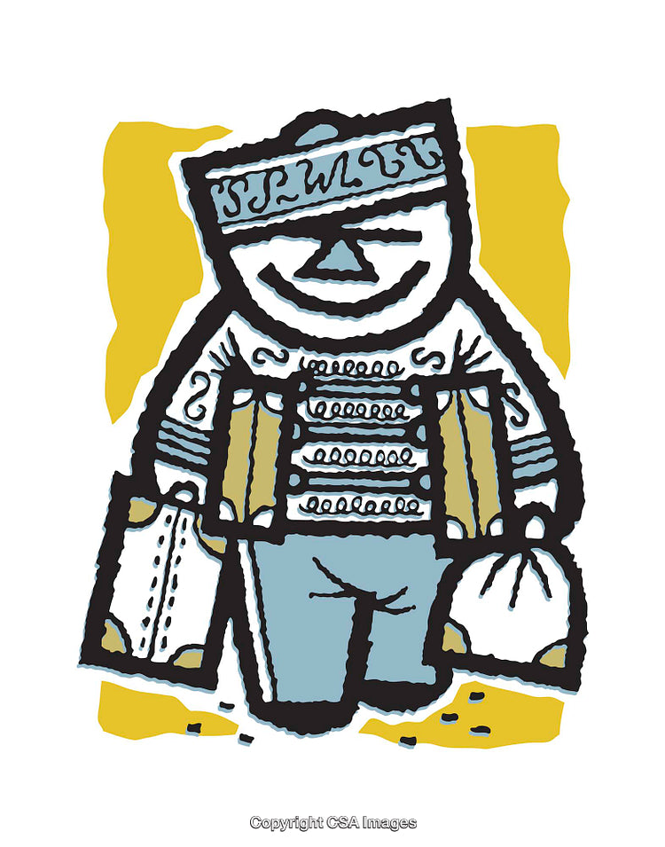 Colorful Illustration of a Smiling Character with Bags and Abstract Details