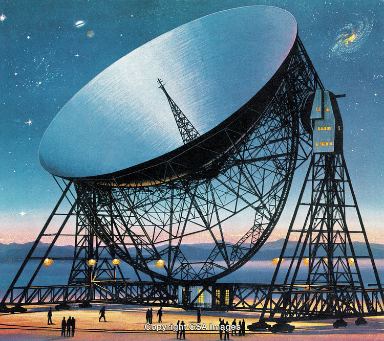 Large Radio Telescope Against a Starry Sky with Observers