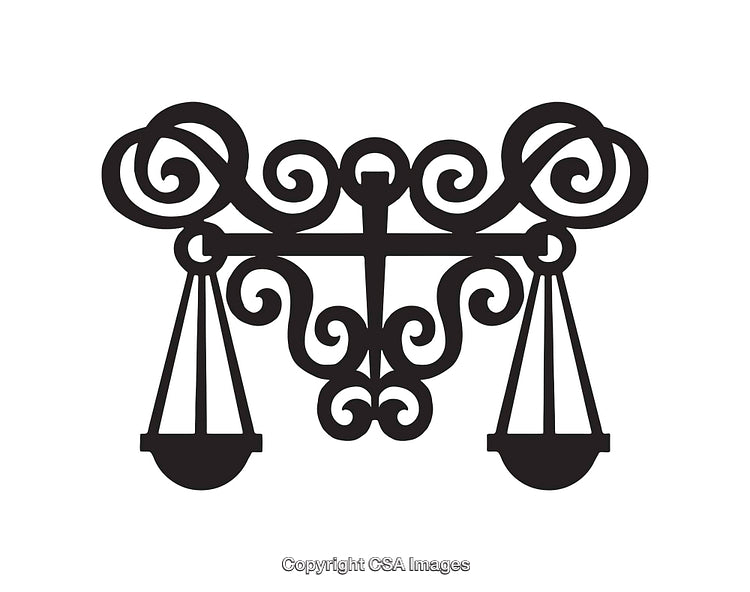 Intricate Black and White Scales of Justice Line Art Illustration