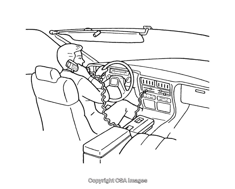 Retro Interior Sketch With Driver Using Car Phone Line Art