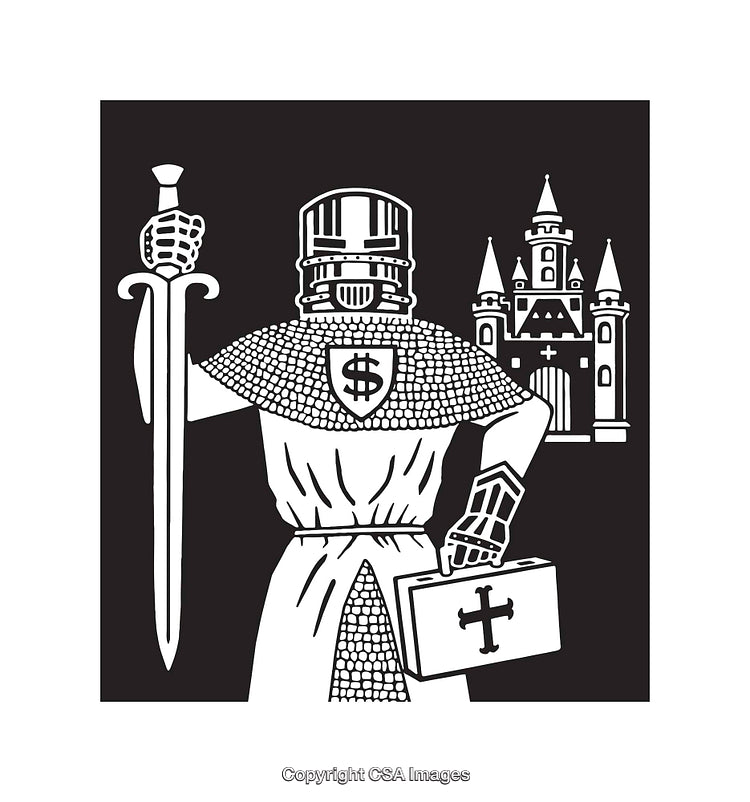 Knight in Armor Holding Sword and Chest Near Castle Illustration