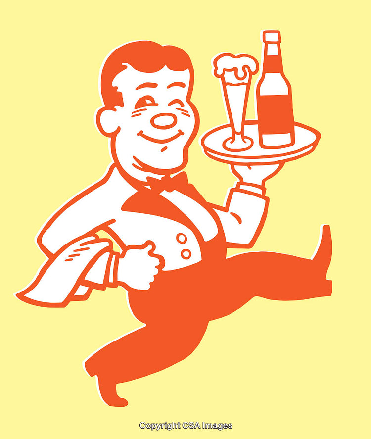 Retro Waiter Illustration Serving Drinks with Cheerful Expression