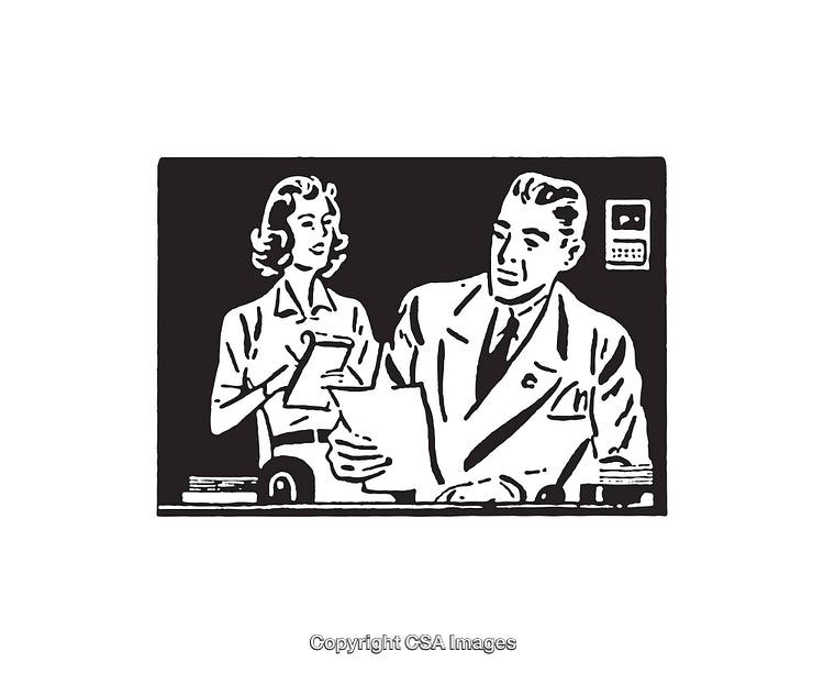 Vintage Black and White Illustration of Office Workers Collaborating at a Desk