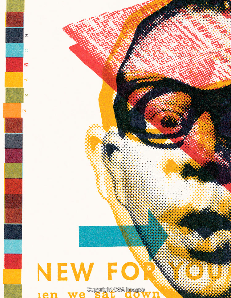 Vibrant Pop Art Design Featuring a Halftone Portrait with Colorful Accents