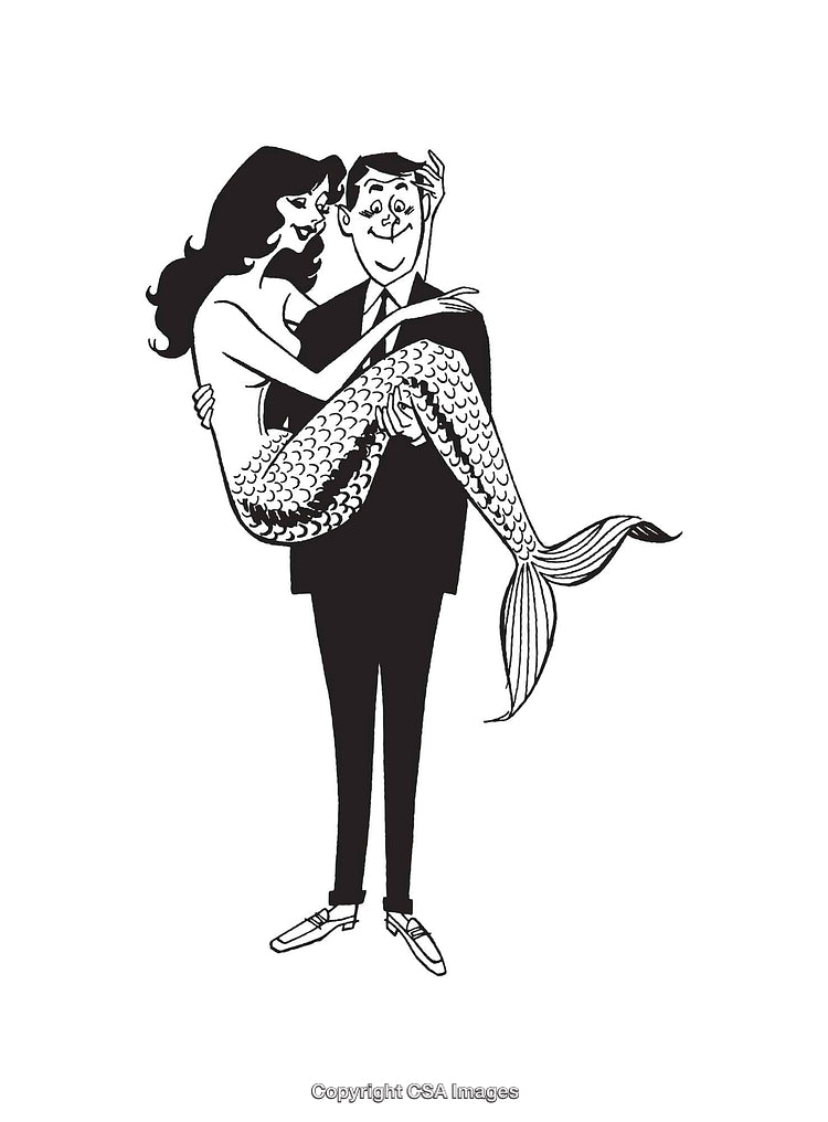 Line Art Illustration of a Man Carrying a Mermaid