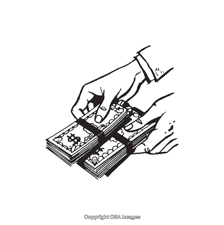 Black and White Illustration of Hands Handling Bundles of Currency