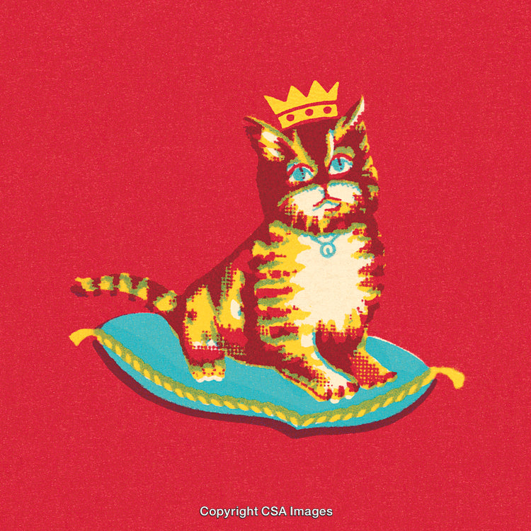 Vintage Cat Illustration with Crown Sitting on a Blue Pillow