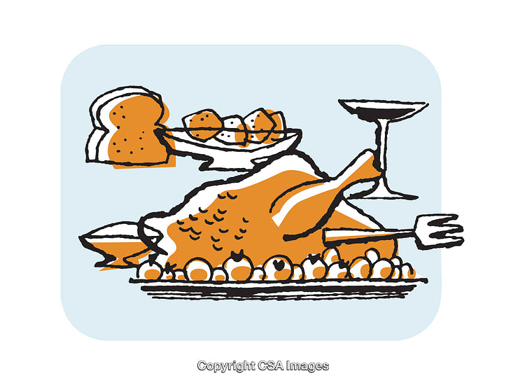 Colorful Illustration of a Festive Dinner with Roasted Turkey and Appetizers