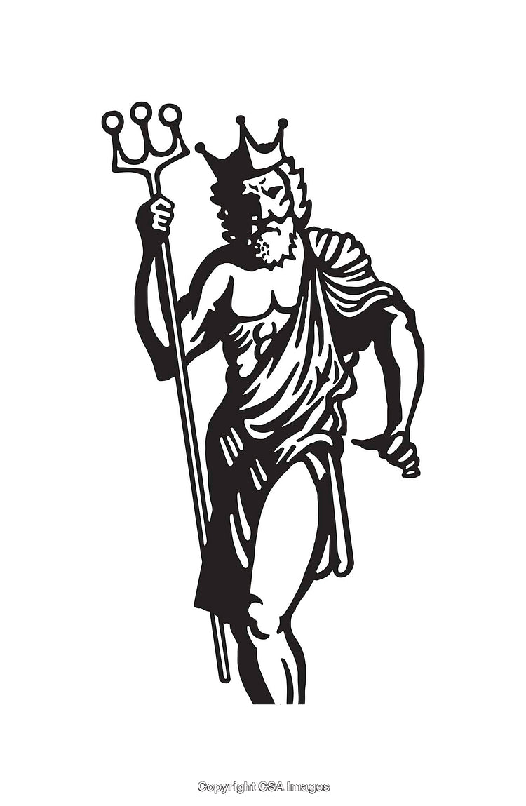 Black and White Line Art of a King Holding a Trident