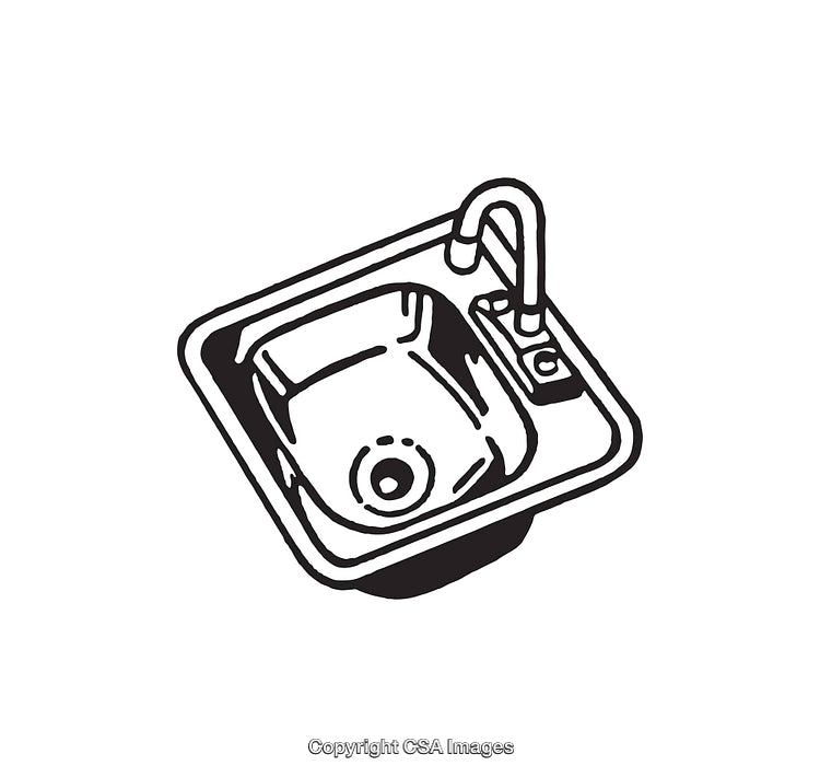 Black and White Line Art of a Kitchen Sink with Faucet Fixture