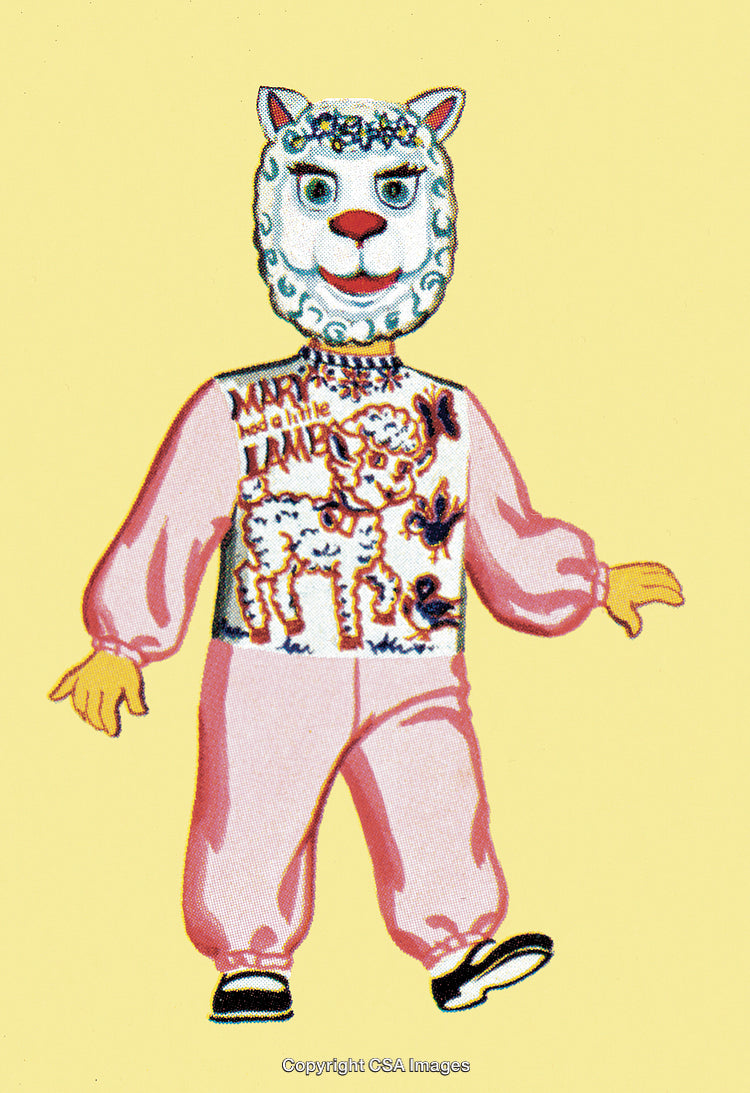 Child in Retro Lamb Costume on Yellow Background
