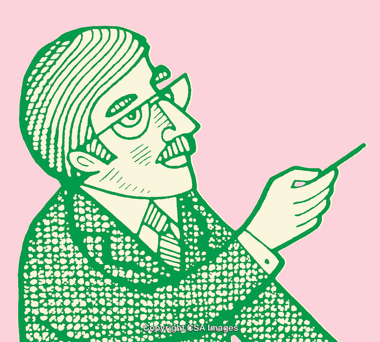 Retro Style Illustration of Man in Suit Holding Pointer on Pink Background