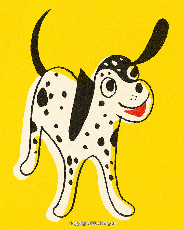 Playful Illustrated Dalmatian on Bright Yellow Background in Retro Art Style
