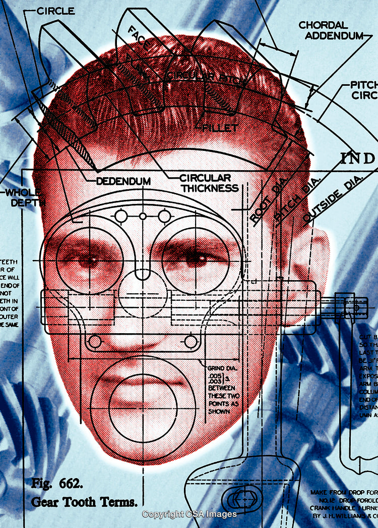 Surreal Composition of Human Portrait Overlaid with Technical Diagrams