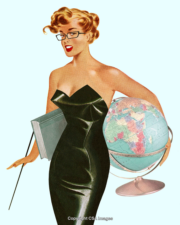 Elegant Educator Holding Book and Globe in Retro Style Illustration