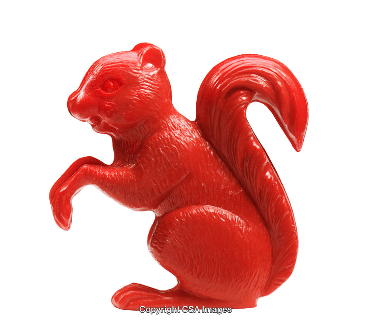 Red Plastic Squirrel Figurine with Detailed Texture Isolated on White Background