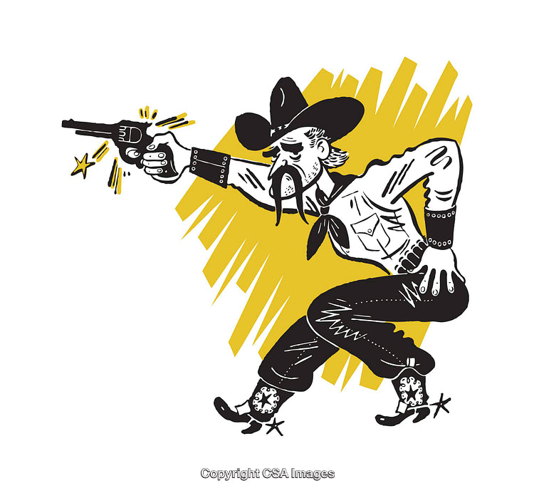 Vintage Cowboy Illustration of an Old West Gunfighter in Action