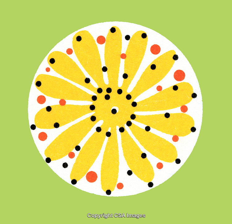 Abstract Floral Design with Yellow Patterns and Geometric Dots on Green Background