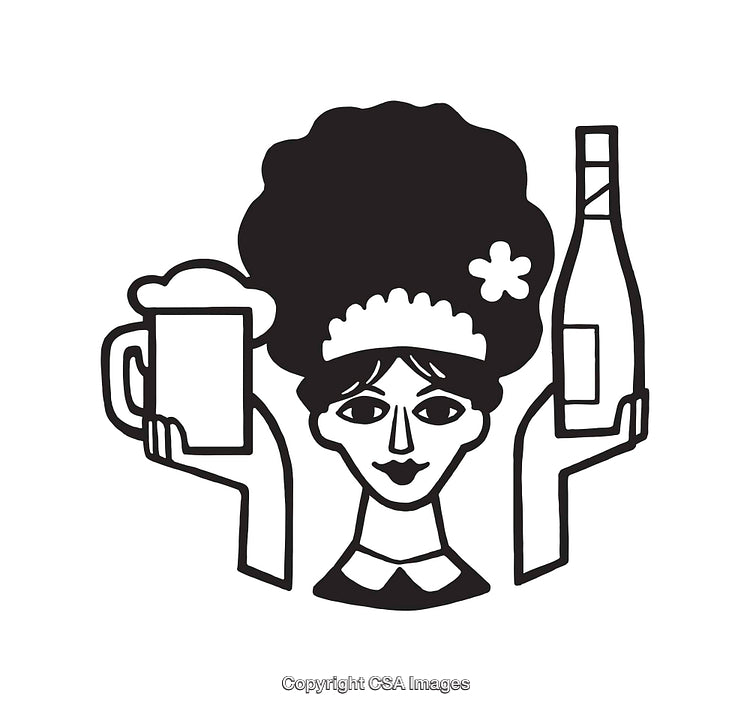 Black And White Illustration of Woman With Beer Mug and Wine Bottle