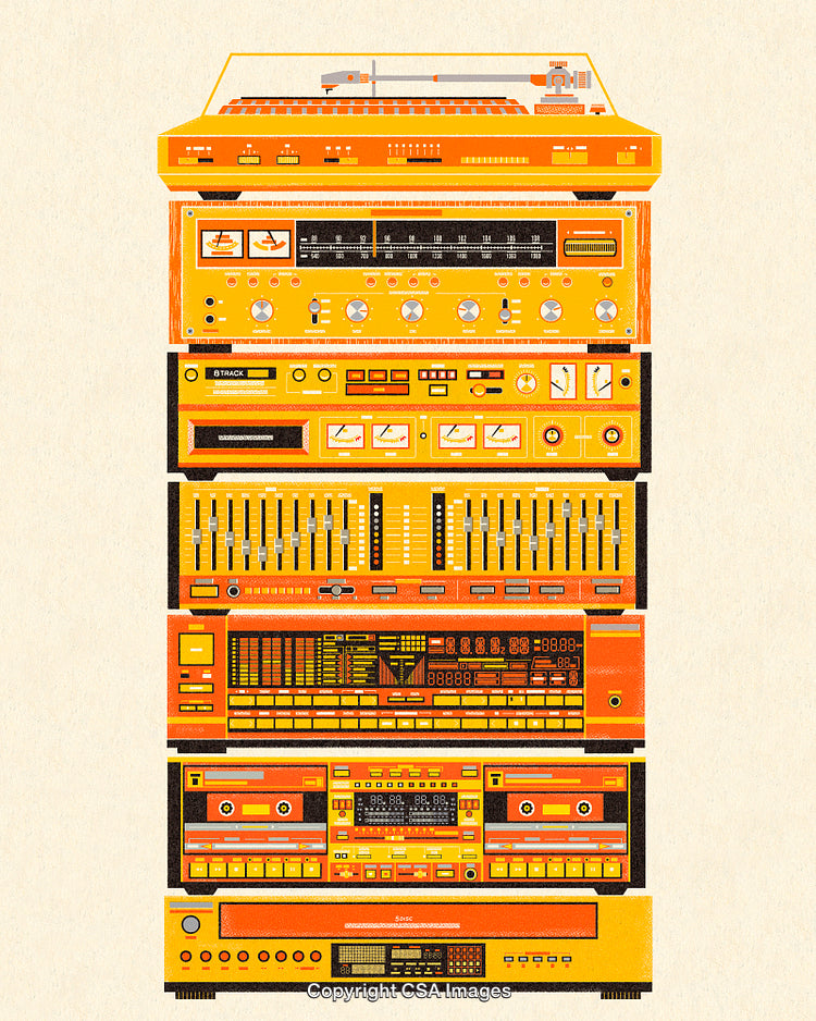 Stack of Vintage Audio Equipment Showcasing Retro Design in Vibrant Colors