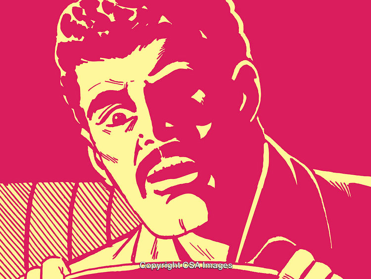 Shocked Pop-Art Style Man Driving in Vibrant Red and Yellow Colors