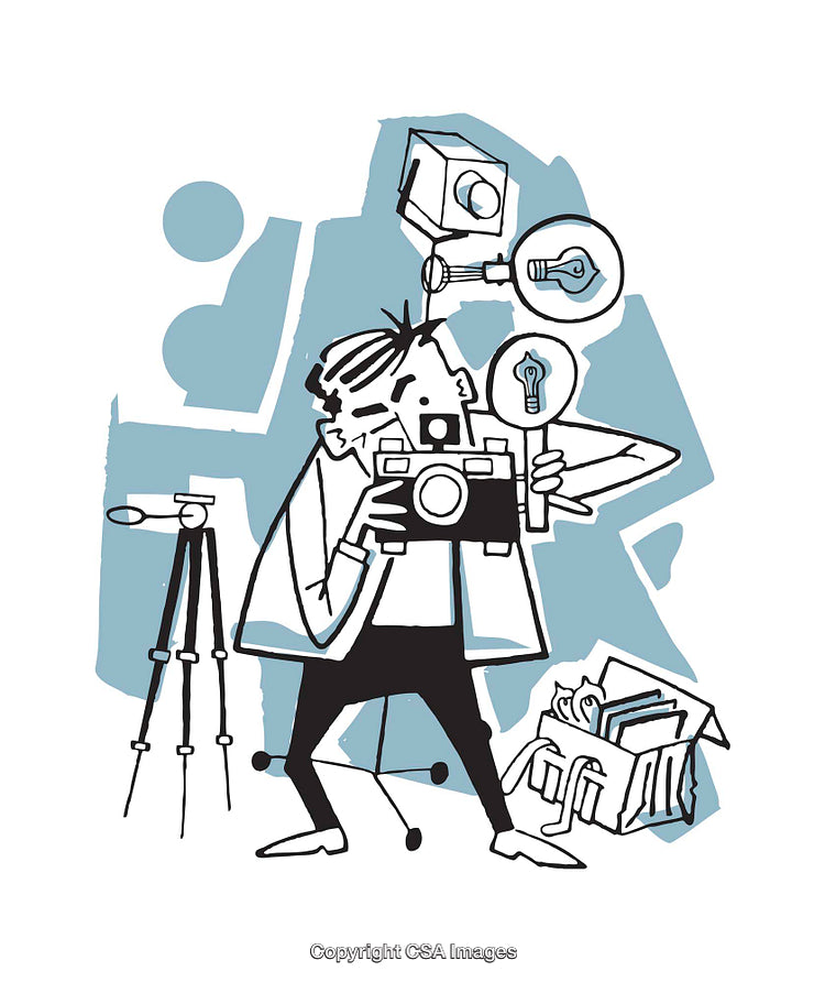 Illustration of a Photographer with Camera and Equipment in Action