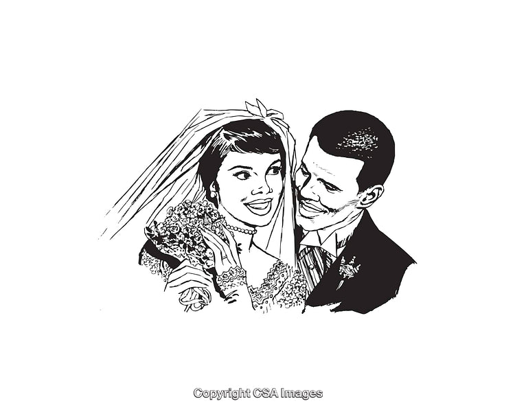 Retro Styled Black and White Illustration of a Bride and Groom Smiling