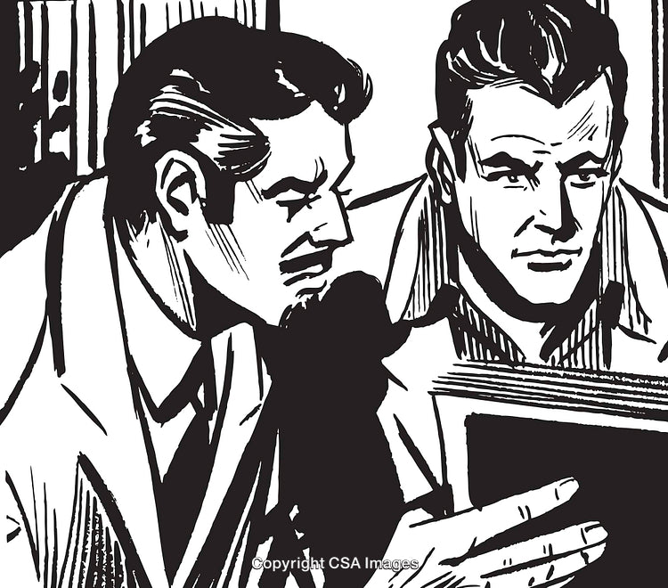 Retro Illustration of Two Men Discussing While Holding a Book or Document