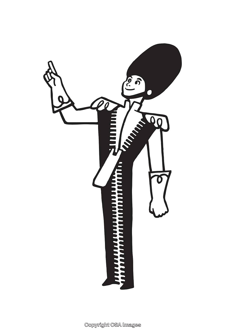 Black and White Illustration of a Cheerful Guard Pointing Upwards