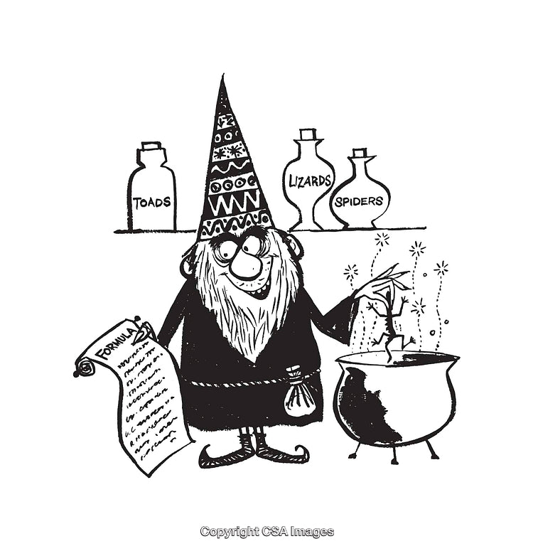 Whimsical Wizard Preparing Potion with Chart in Black and White Illustration