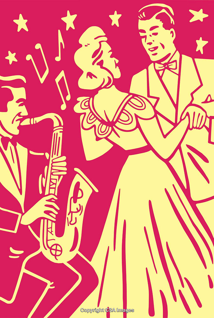 Retro Line Art Illustration of Dancing Couple with Saxophonist and Stars