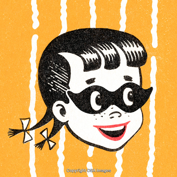 Retro Styled Cartoon Girl With Mask and Cheerful Expression on Yellow Background