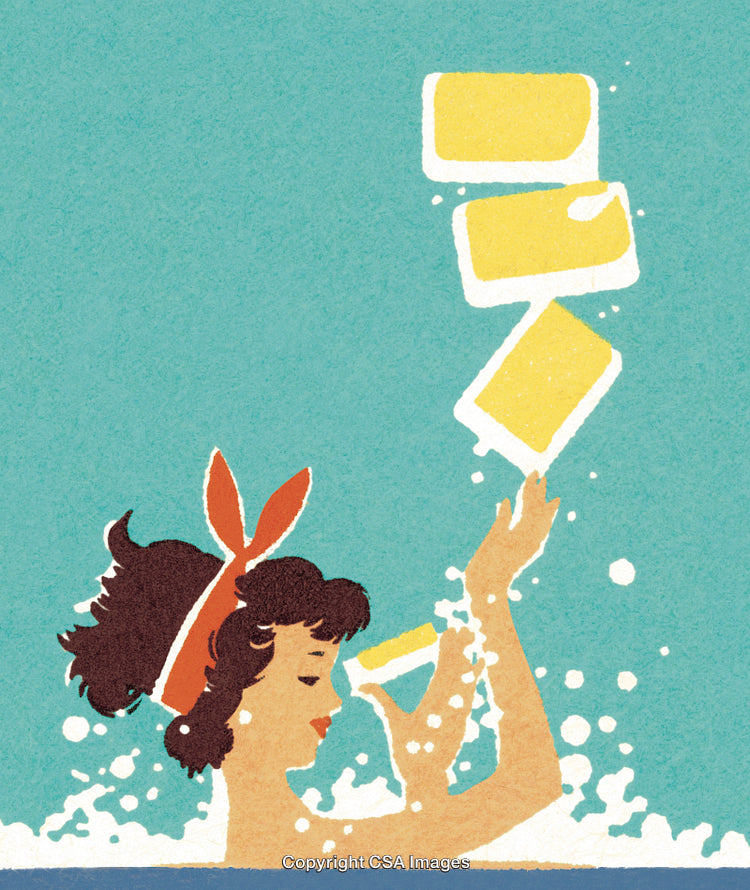 Retro Illustration of a Woman Enjoying Soap and Water in Vibrant Colors