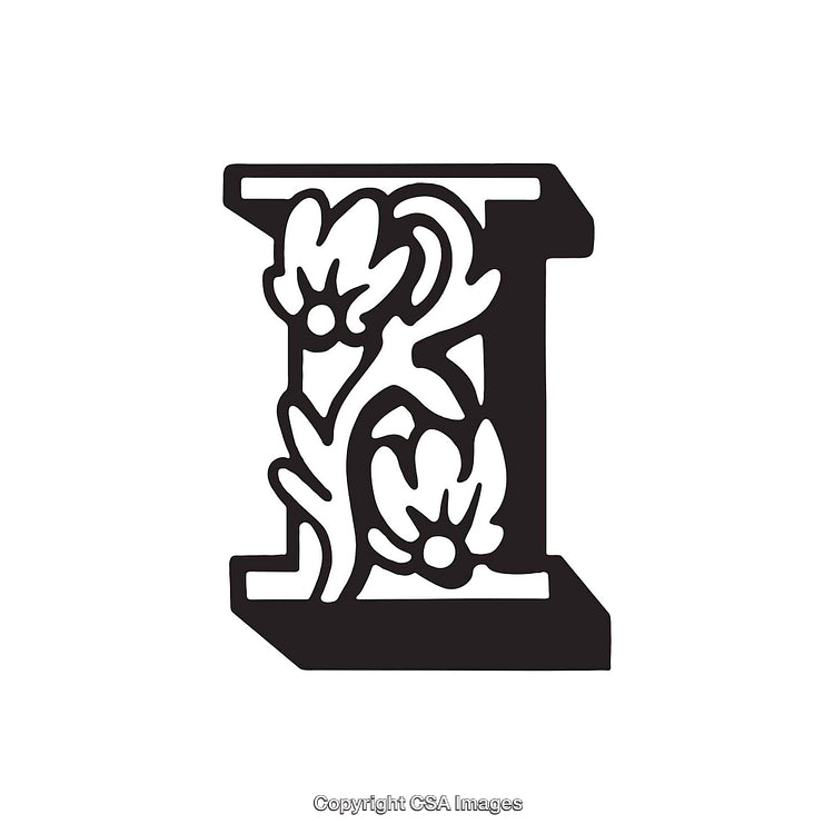 Floral Ornate Letter I Monogram of Decorative Vintage Design in Black