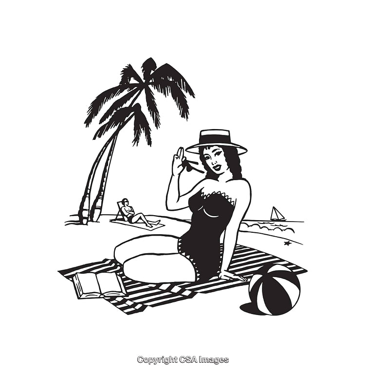 Retro Beach Scene in Black and White Line Illustration Art