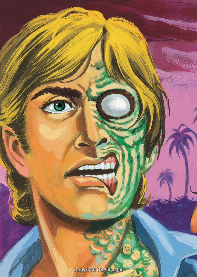 Illustrated Portrait of a Man with a Reptilian Transformation Under Sunset Sky