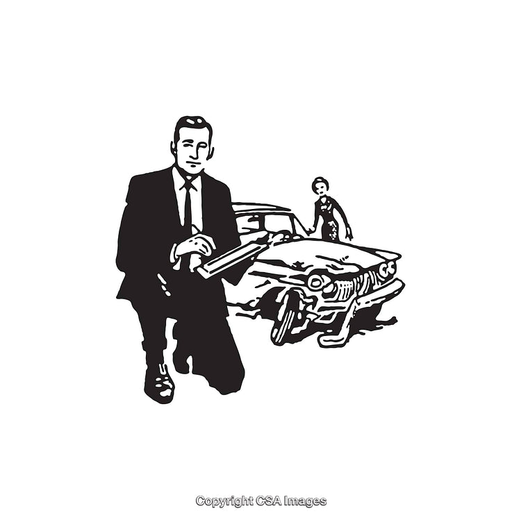 Vintage Black and White Illustration of a Car Accident Scene