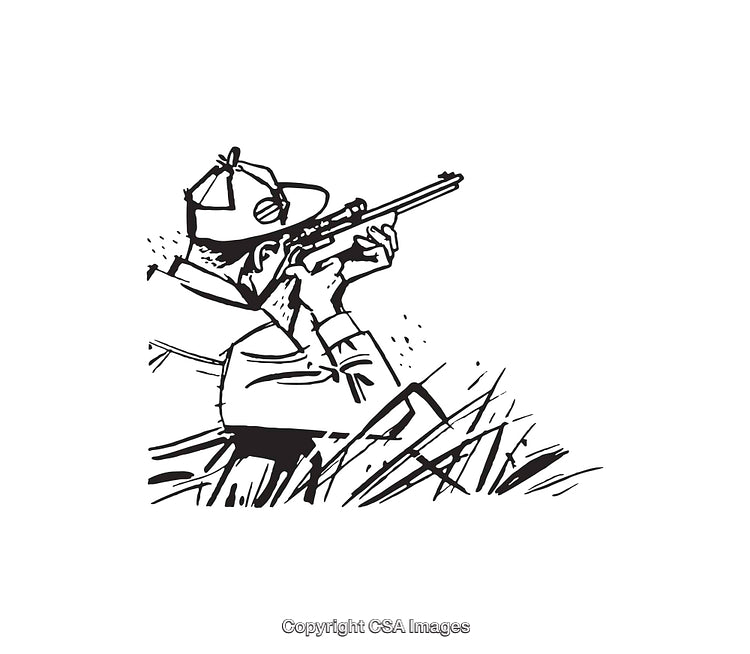 Black and White Illustration of a Hunter Taking Aim with a Rifle